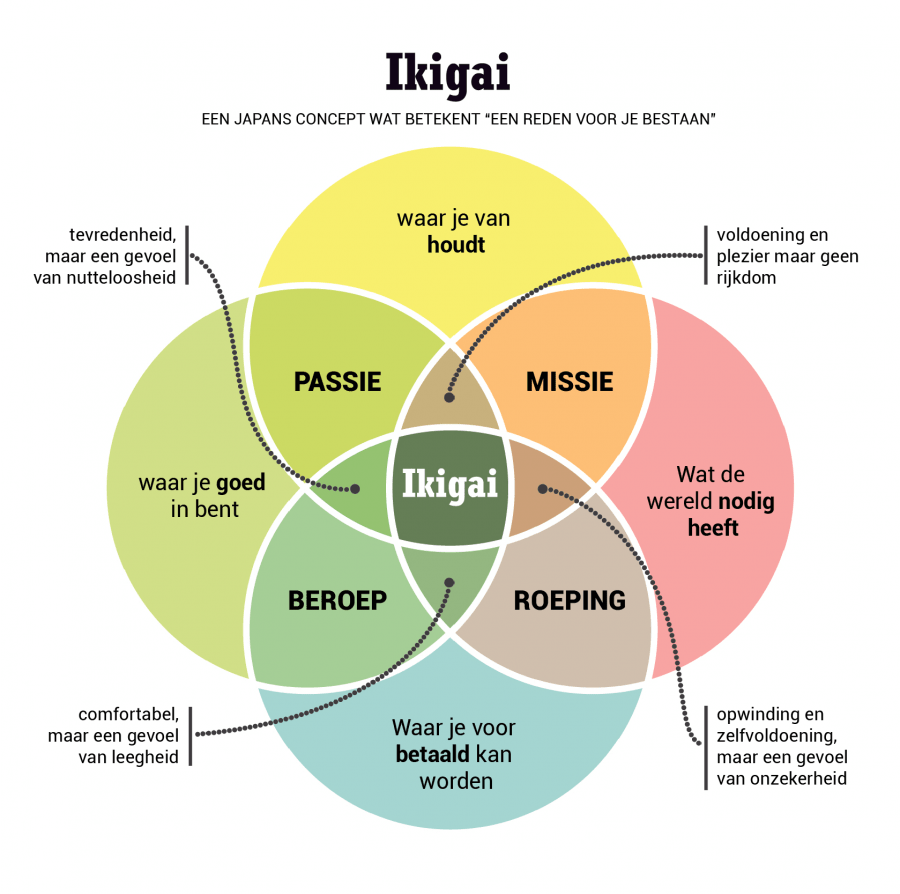 Ikigai venndiagram dat helemaal niet gebaseerd is op de echte ikigai